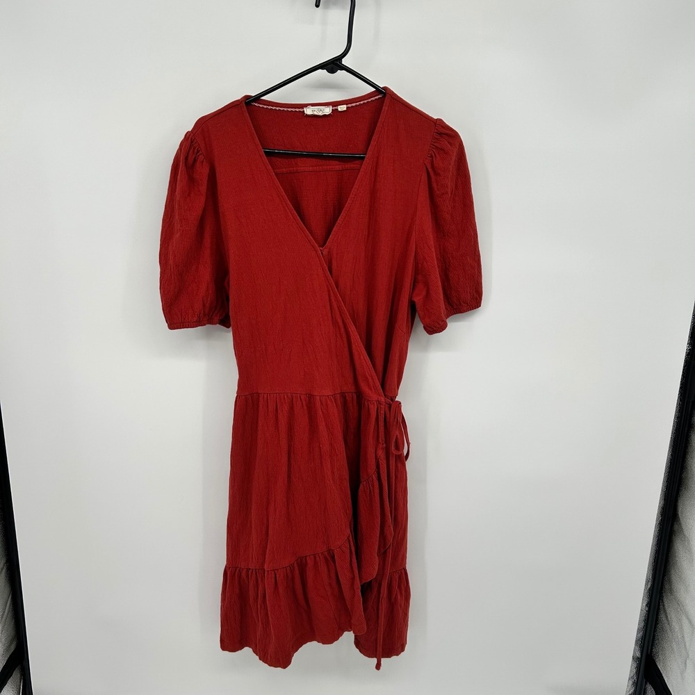 Fat Face Wrap Dress Red Textured Short Sleeve Ruffle‎ Midi Size 10
